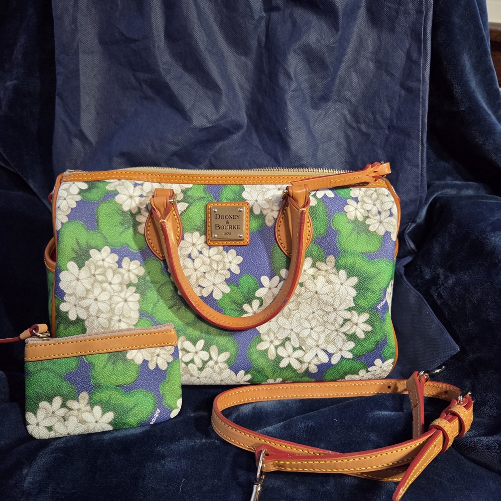 Dooney & Bourke Green Floral Leather Satchel with Orange Trim